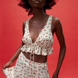 Zara Satin Effect Cherry Tie Top